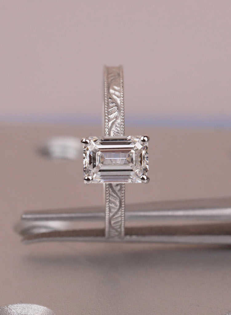 14K Solid Gold Emerald Cut Moissanite Engagement Ring, Vintage Art Deco Engraved Solitaire Ring, Anniversary Ring for Her, Handmade Jewelry image #6
