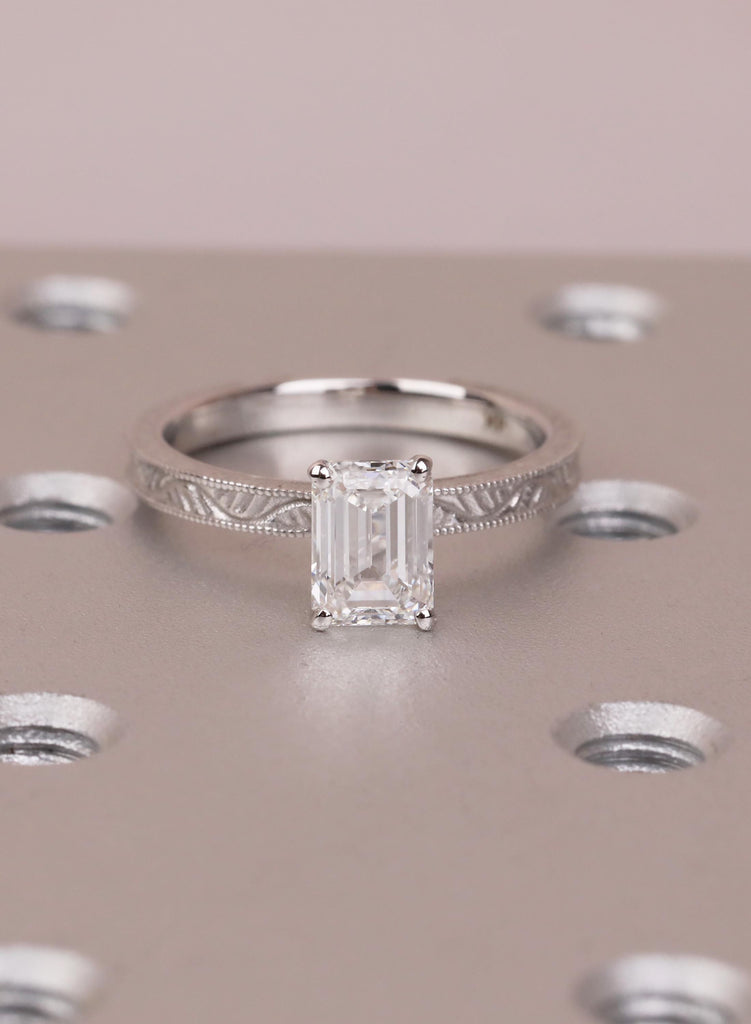 IGI Certified Emerald Cut Lab Diamond Engagement Ring, 14K White Gold Vintage Hand Engraved Solitaire, Art Deco Antique Ring, Proposal Ring image #5