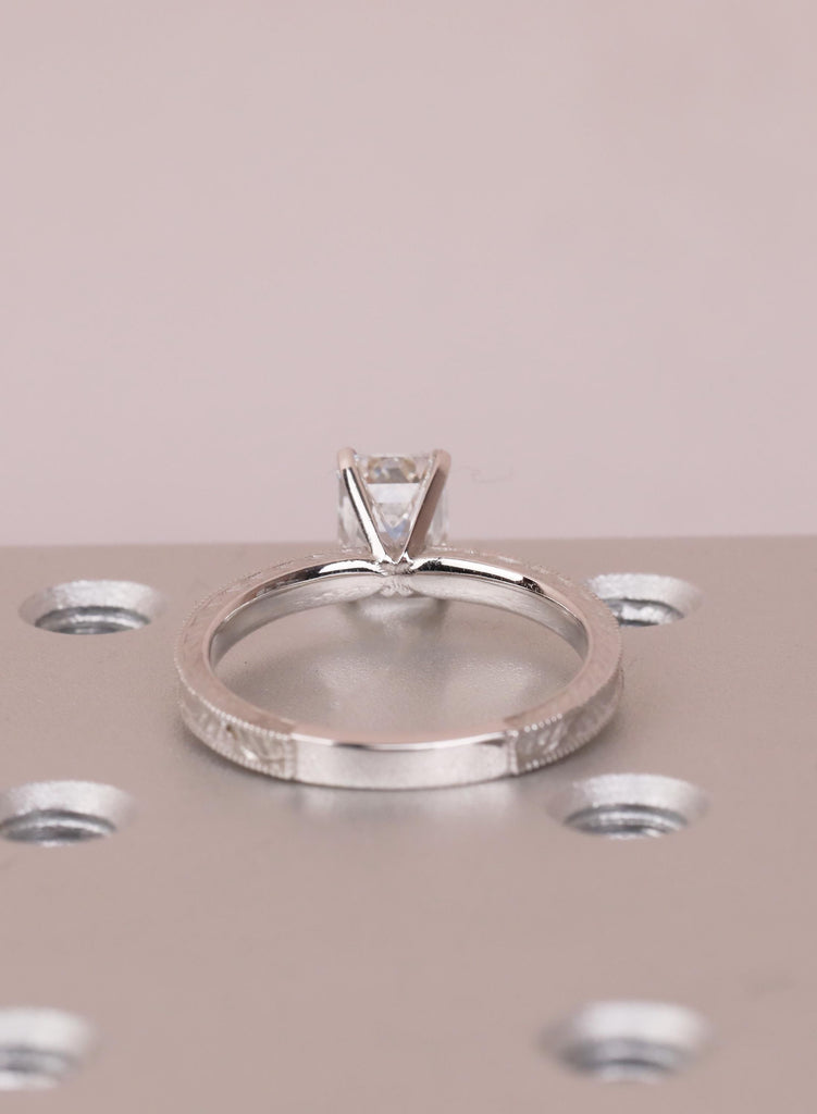 IGI Certified Emerald Cut Lab Diamond Engagement Ring, 14K White Gold Vintage Hand Engraved Solitaire, Art Deco Antique Ring, Proposal Ring image #11