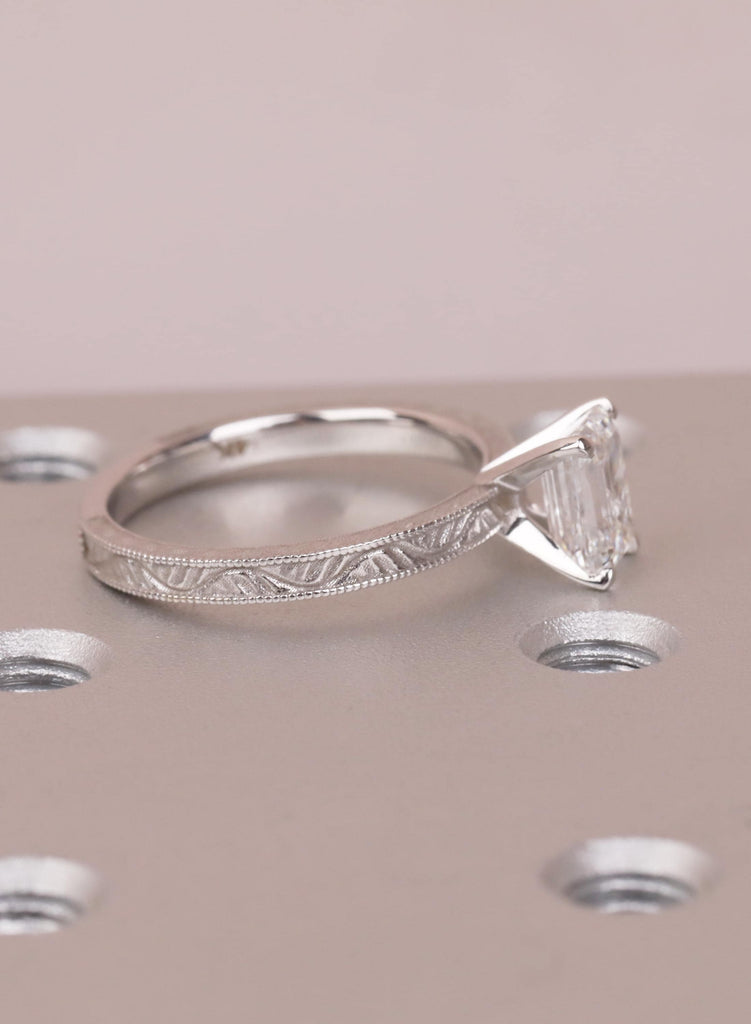 IGI Certified Emerald Cut Lab Diamond Engagement Ring, 14K White Gold Vintage Hand Engraved Solitaire, Art Deco Antique Ring, Proposal Ring image #12