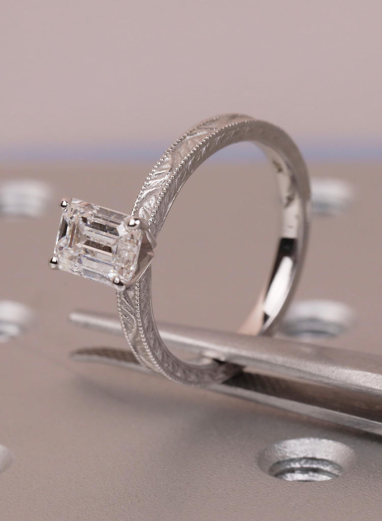 IGI Certified Emerald Cut Lab Diamond Engagement Ring, 14K White Gold Vintage Hand Engraved Solitaire, Art Deco Antique Ring, Proposal Ring image #3
