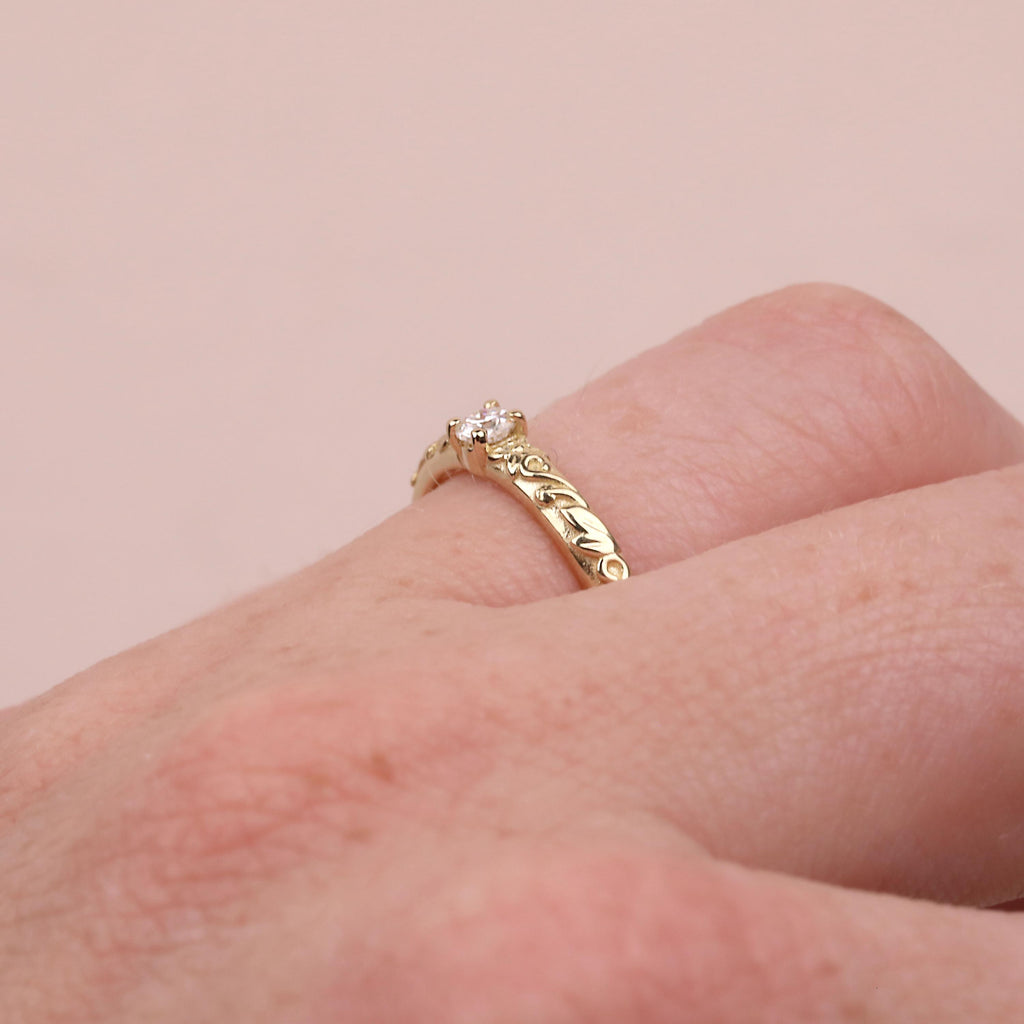 Nature Inspired Moissanite Engraved Floral Wedding Ring | Gold Vintage Leaf Wedding Band | Solitaire Lab Diamond Promise Rings for Women image #14