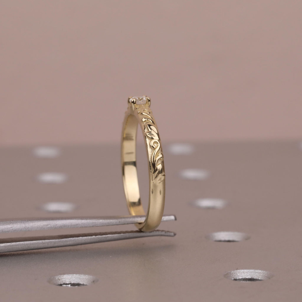 Nature Inspired Moissanite Engraved Floral Wedding Ring | Gold Vintage Leaf Wedding Band | Solitaire Lab Diamond Promise Rings for Women image #10