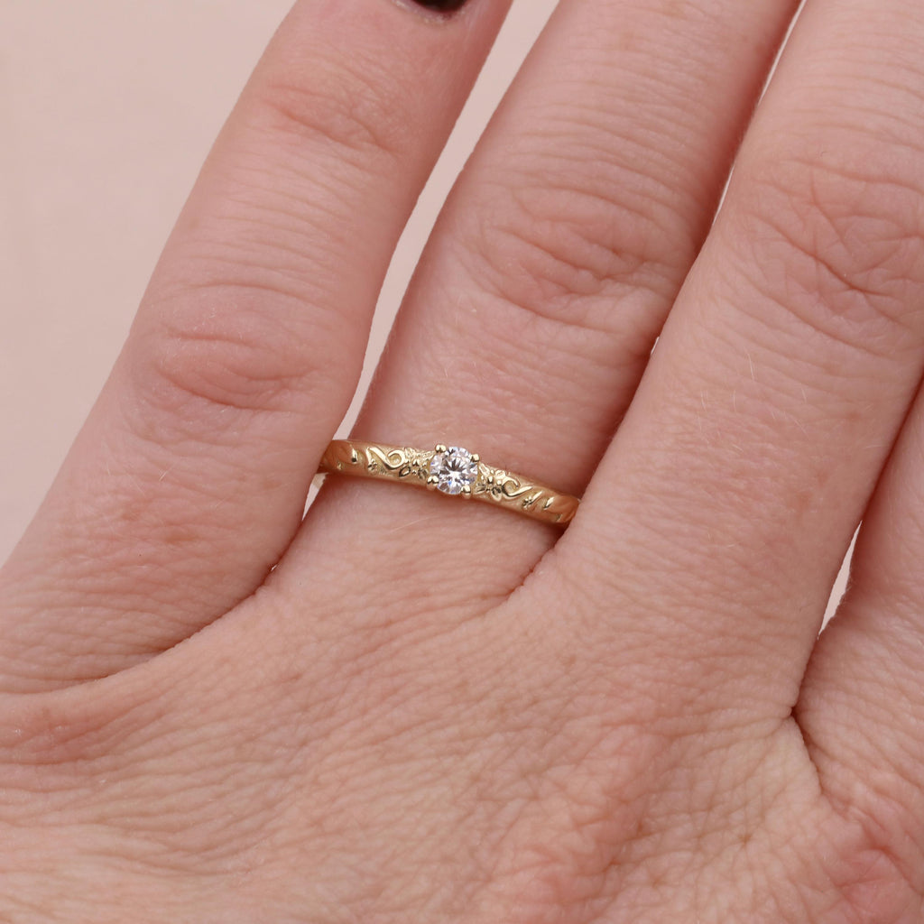Nature Inspired Moissanite Engraved Floral Wedding Ring | Gold Vintage Leaf Wedding Band | Solitaire Lab Diamond Promise Rings for Women image #2