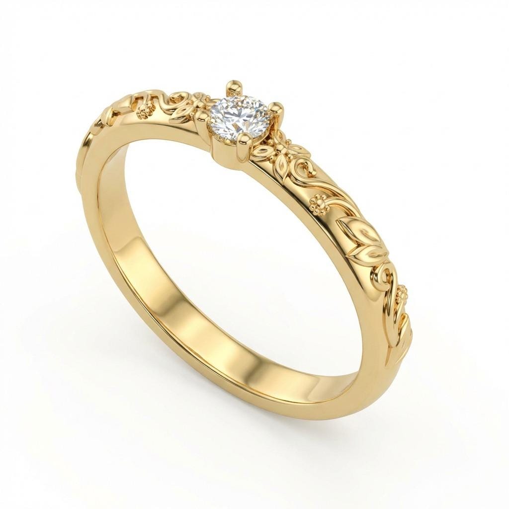 Nature Inspired Moissanite Engraved Floral Wedding Ring | Gold Vintage Leaf Wedding Band | Solitaire Lab Diamond Promise Rings for Women image #4