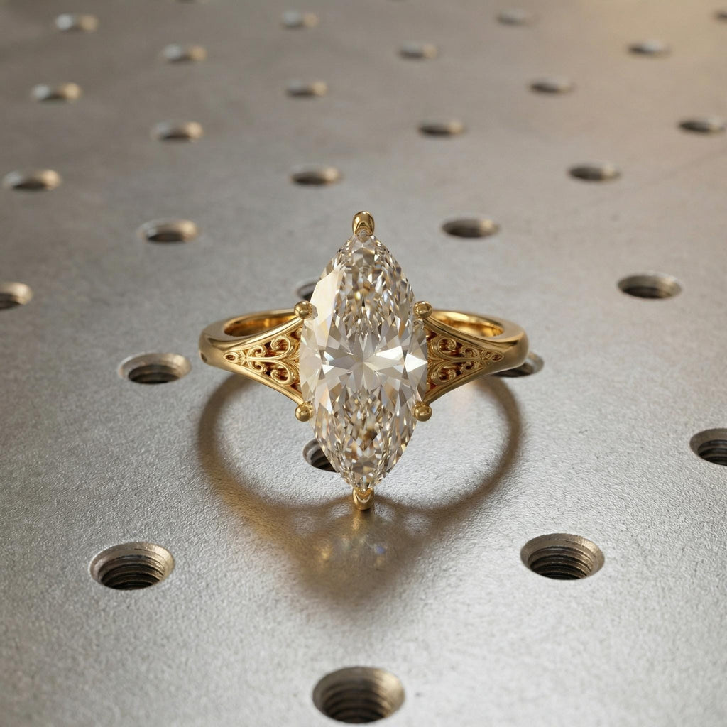 14K Gold Heirloom Moissanite Engagement Ring, Victorian Filigree Band, Marquise Ring image #2