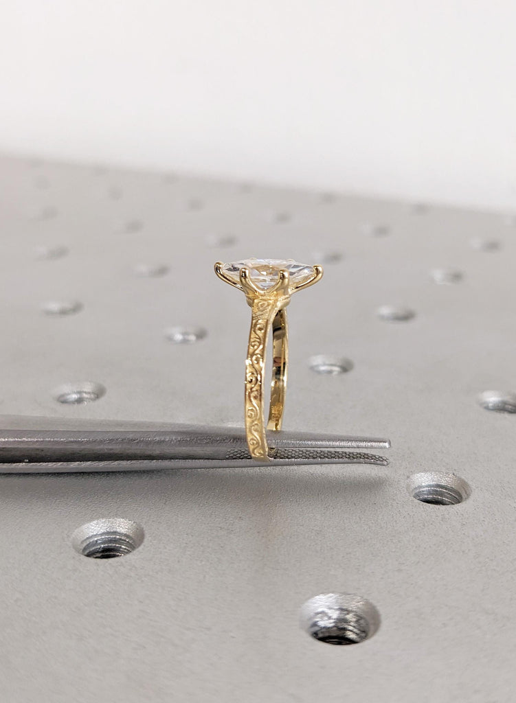 Marquise Cut Vintage Moissanite Engagement Ring, Hand Carved Filigree 14K Yellow Gold Women’s Wedding Ring, Anniversary Promise Solitaire image #9