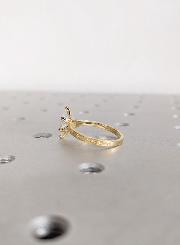 Antique Carved Filigree Band Solitaire Lab Diamond Ring, 14K Solid Yellow Gold Handmade Wedding Anniversary Engagement Ring for Her Ring image #4