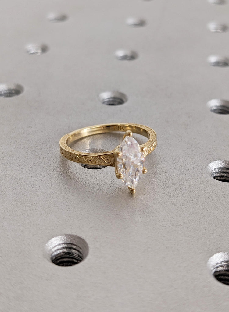 Antique Carved Filigree Band Solitaire Lab Diamond Ring, 14K Solid Yellow Gold Handmade Wedding Anniversary Engagement Ring for Her Ring image #6