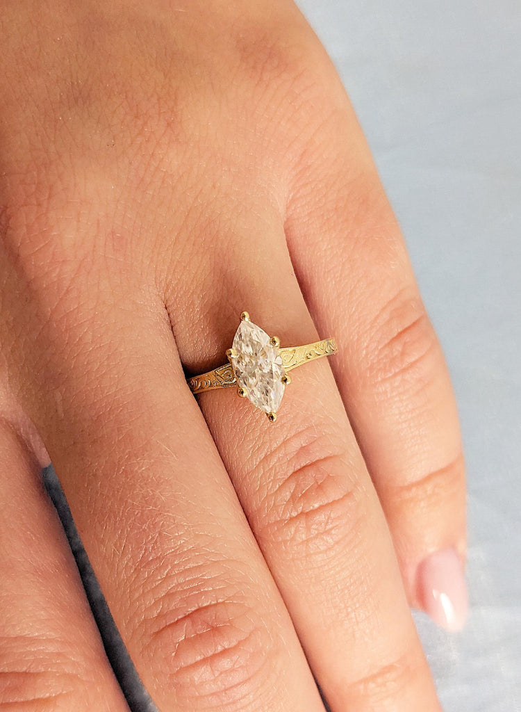 Antique Carved Filigree Band Solitaire Lab Diamond Ring, 14K Solid Yellow Gold Handmade Wedding Anniversary Engagement Ring for Her Ring image #2