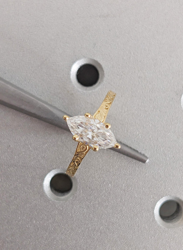 Antique Carved Filigree Band Solitaire Lab Diamond Ring, 14K Solid Yellow Gold Handmade Wedding Anniversary Engagement Ring for Her Ring image #8