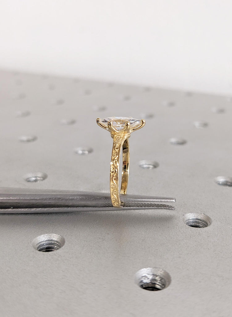 Antique Carved Filigree Band Solitaire Lab Diamond Ring, 14K Solid Yellow Gold Handmade Wedding Anniversary Engagement Ring for Her Ring image #9