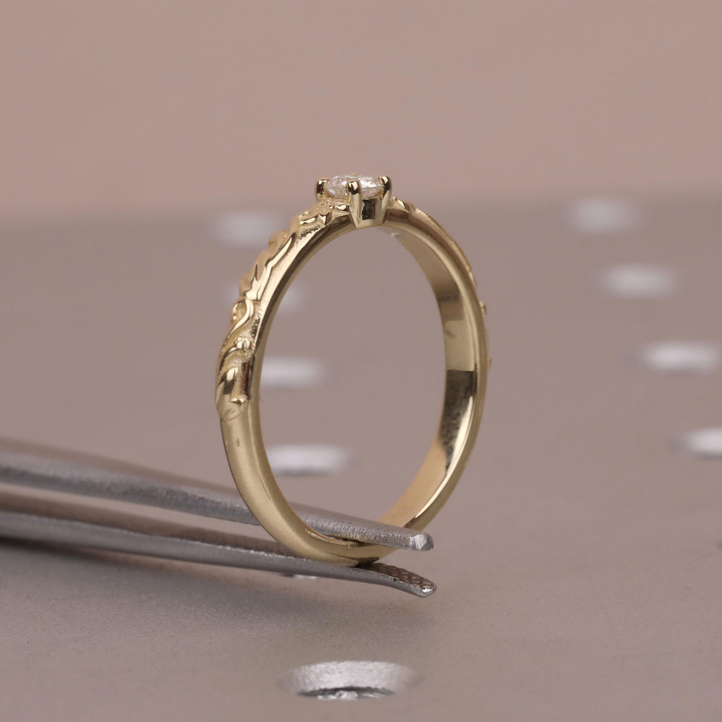 Nature Inspired Moissanite Engraved Floral Wedding Ring | Gold Vintage Leaf Wedding Band | Solitaire Lab Diamond Promise Rings for Women image #11