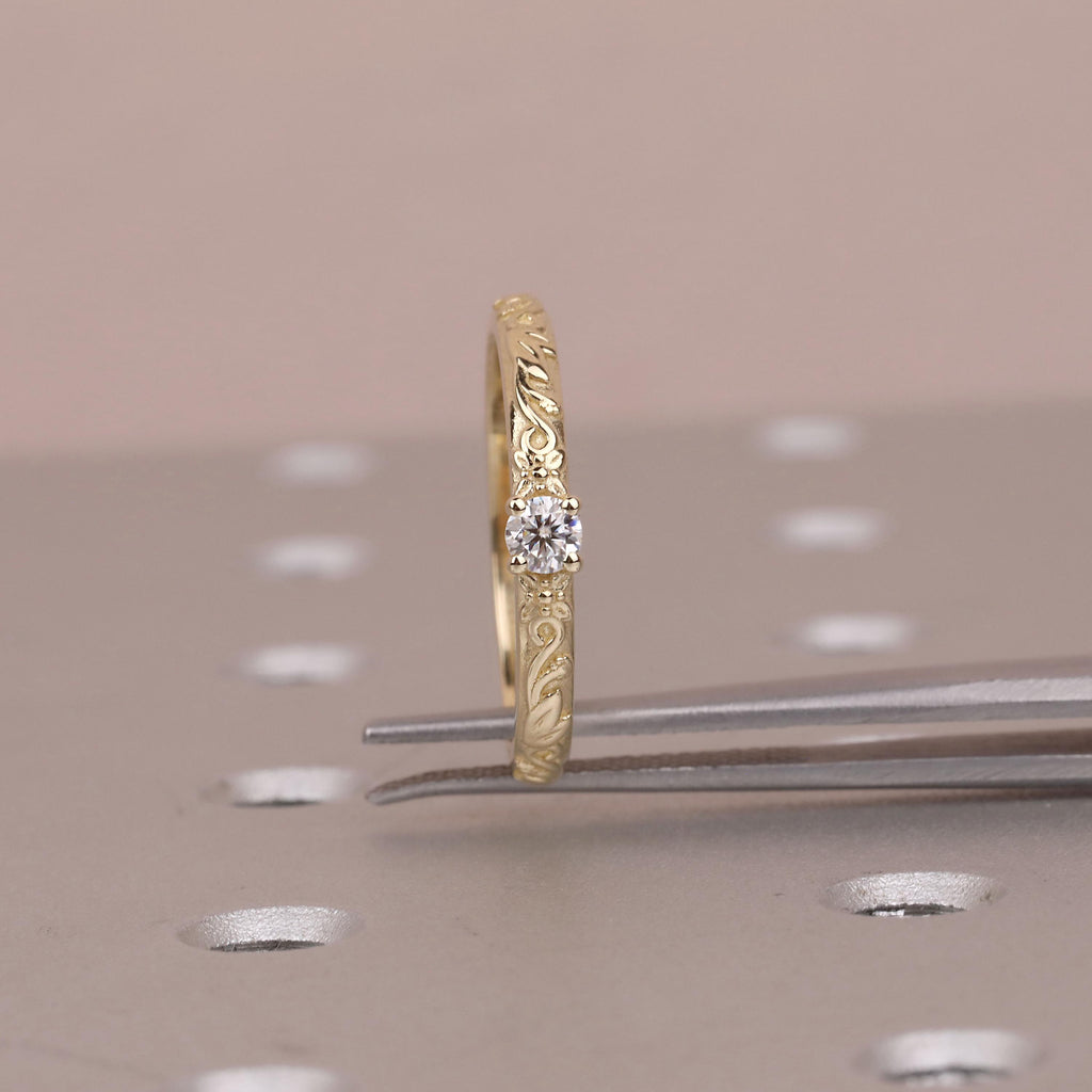 Nature Inspired Moissanite Engraved Floral Wedding Ring | Gold Vintage Leaf Wedding Band | Solitaire Lab Diamond Promise Rings for Women image #7