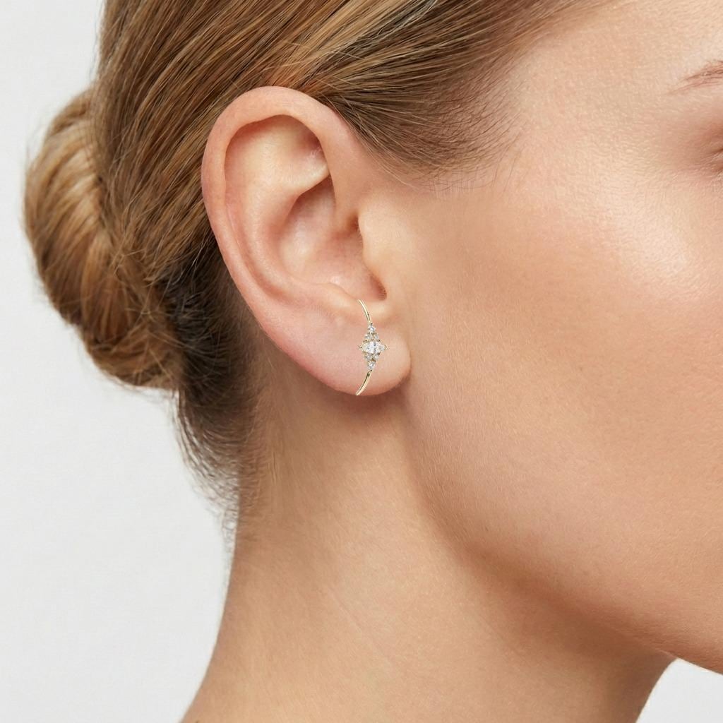 Minimalist Ear Cuff Stud Earrings  | Tiny Diamond Stud Bridal Earrings in Gold/Platinum | Trendy Lobe Cuff Earrings | Suspender Earrings image #3