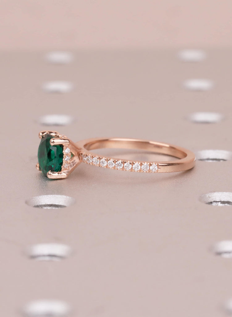 Emerald Ring, 14K Rose Gold Green Lab Emerald Engagement Ring, Round Hidden Halo Diamond, Handmade Wedding Anniversary Promise Ring For Her image #12