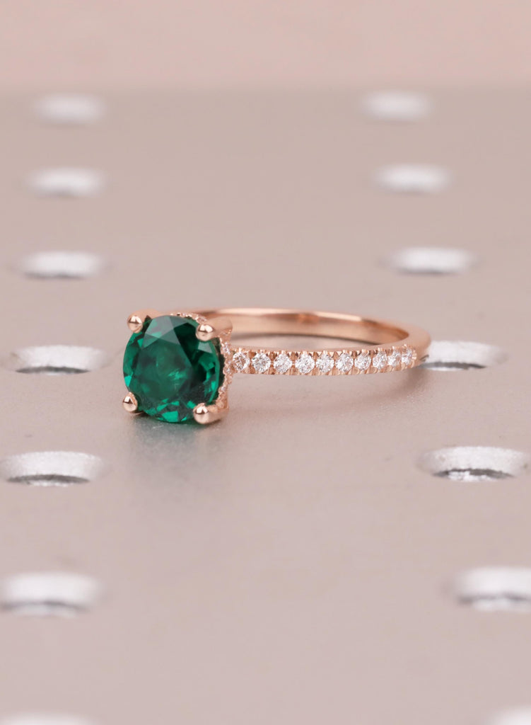 Emerald Ring, 14K Rose Gold Green Lab Emerald Engagement Ring, Round Hidden Halo Diamond, Handmade Wedding Anniversary Promise Ring For Her image #13