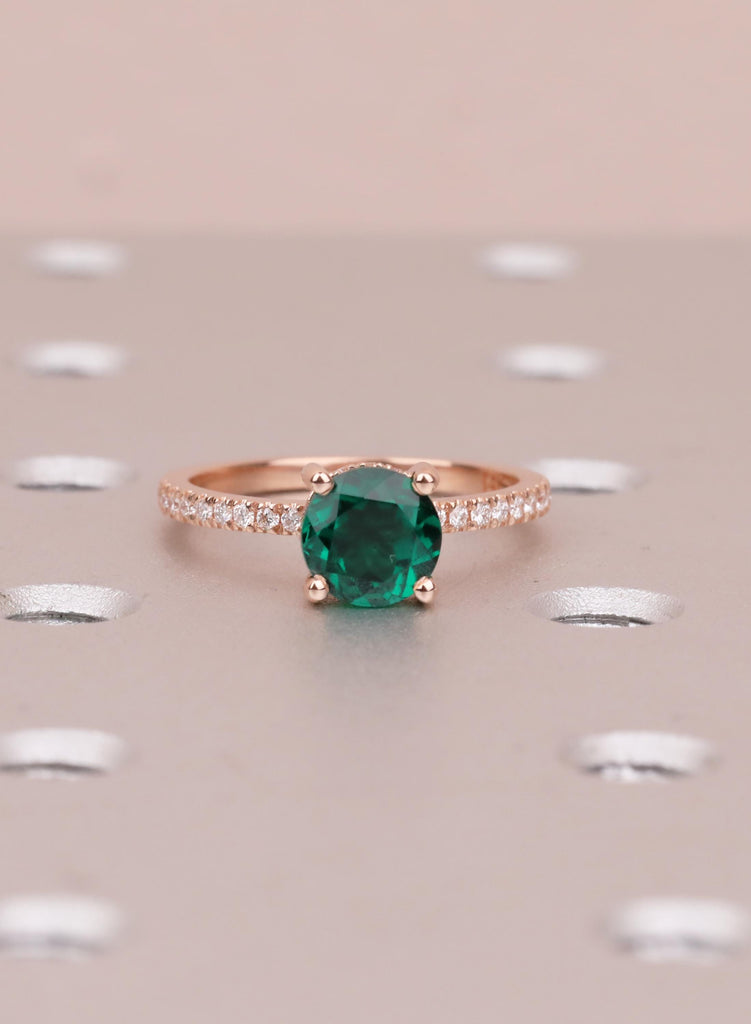 Emerald Ring, 14K Rose Gold Green Lab Emerald Engagement Ring, Round Hidden Halo Diamond, Handmade Wedding Anniversary Promise Ring For Her