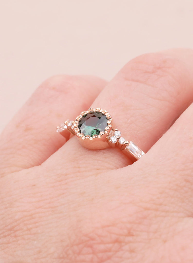 Unique Round Teal Sapphire Ring, 14k Rose Gold Alternative Engagement Ring for Women, Delicate Boho Gemstone Ring, Art Deco Jewelry for Her image #4