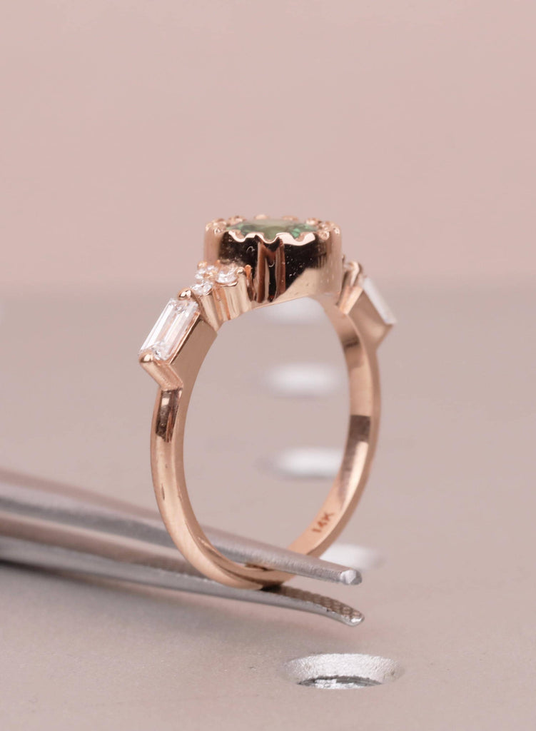 Unique Round Teal Sapphire Ring, 14k Rose Gold Alternative Engagement Ring for Women, Delicate Boho Gemstone Ring, Art Deco Jewelry for Her image #12
