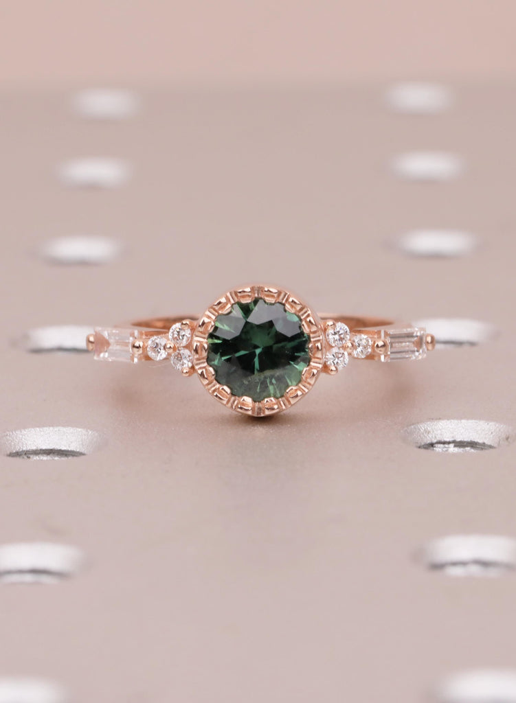 Unique Round Teal Sapphire Ring, 14k Rose Gold Alternative Engagement Ring for Women, Delicate Boho Gemstone Ring, Art Deco Jewelry for Her image #6