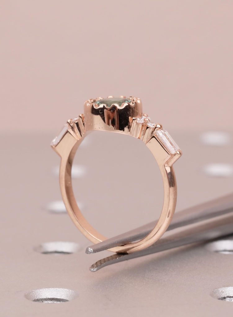 Unique Round Teal Sapphire Ring, 14k Rose Gold Alternative Engagement Ring for Women, Delicate Boho Gemstone Ring, Art Deco Jewelry for Her image #7