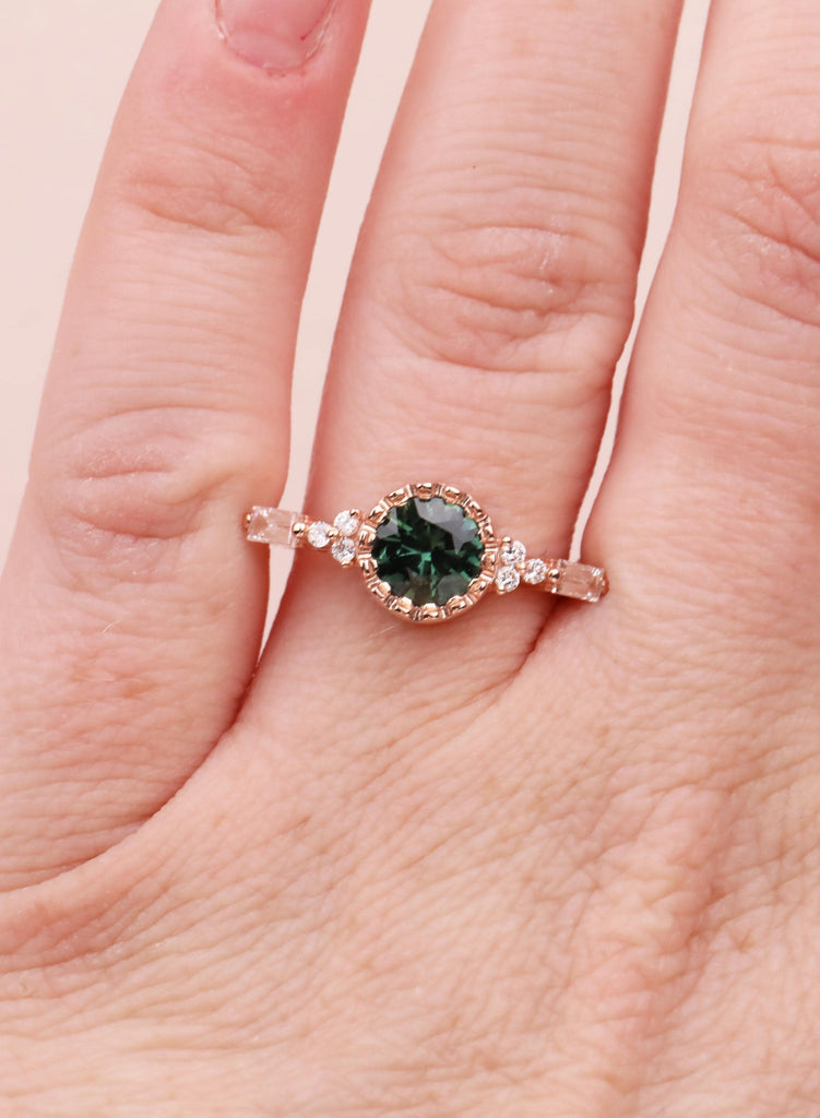 Unique Round Teal Sapphire Ring, 14k Rose Gold Alternative Engagement Ring for Women, Delicate Boho Gemstone Ring, Art Deco Jewelry for Her image #9
