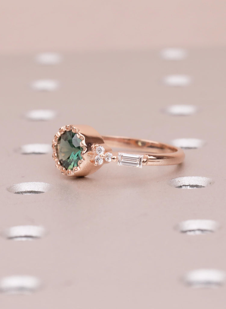 Unique Round Teal Sapphire Ring, 14k Rose Gold Alternative Engagement Ring for Women, Delicate Boho Gemstone Ring, Art Deco Jewelry for Her image #15