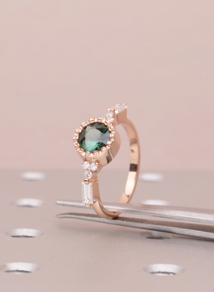 Unique Round Teal Sapphire Ring, 14k Rose Gold Alternative Engagement Ring for Women, Delicate Boho Gemstone Ring, Art Deco Jewelry for Her image #13