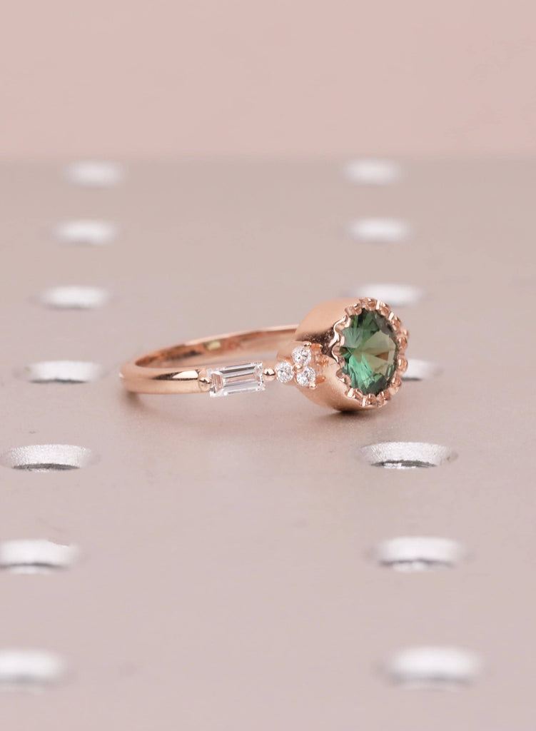 Unique Round Teal Sapphire Ring, 14k Rose Gold Alternative Engagement Ring for Women, Delicate Boho Gemstone Ring, Art Deco Jewelry for Her image #11