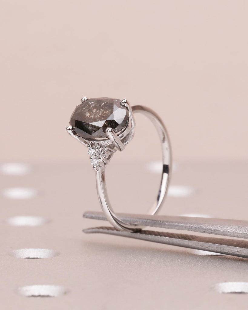 Solitaire Salt and Pepper Oval Diamond Engagement Ring | Moissanite or Diamond Clusters | Yellow White Rose Gold | Art Deco Anniversary Ring