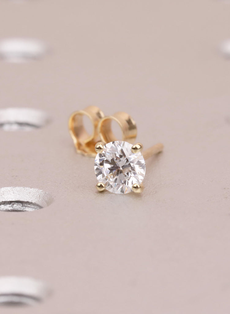 14K Yellow Gold Moissanite Stud Earrings, Round Solitaire D-VVS1