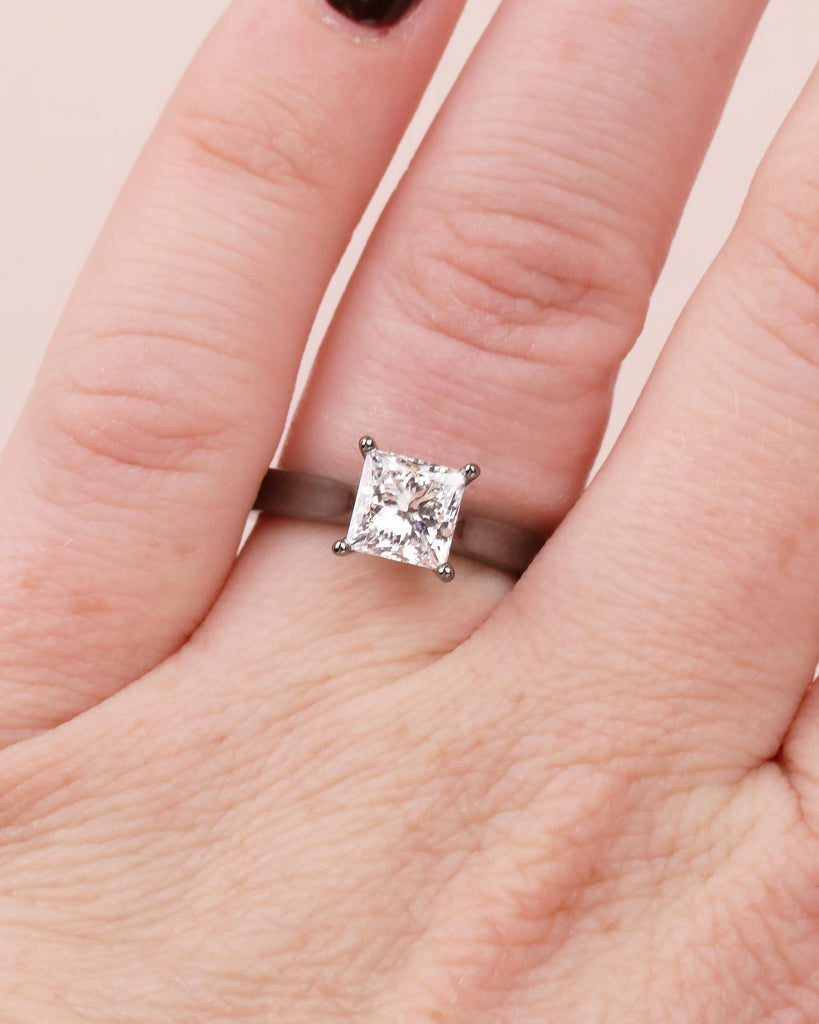 Moissanite Solitaire Ring, Unique Princess Cut Engagement Ring, Minimalist Promise Ring for Her, 14k Black Gold Ring, Wedding Ring for Women image #2