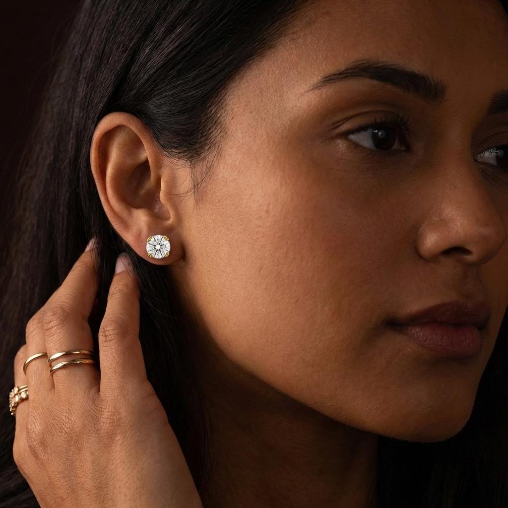 14K Gold Round VVS Moissanite Earrings, Solid Gold Threaded Studs, Handmade Earrings for Woman, Custom Made Stud Earrings, Everyday Jewelry image #2