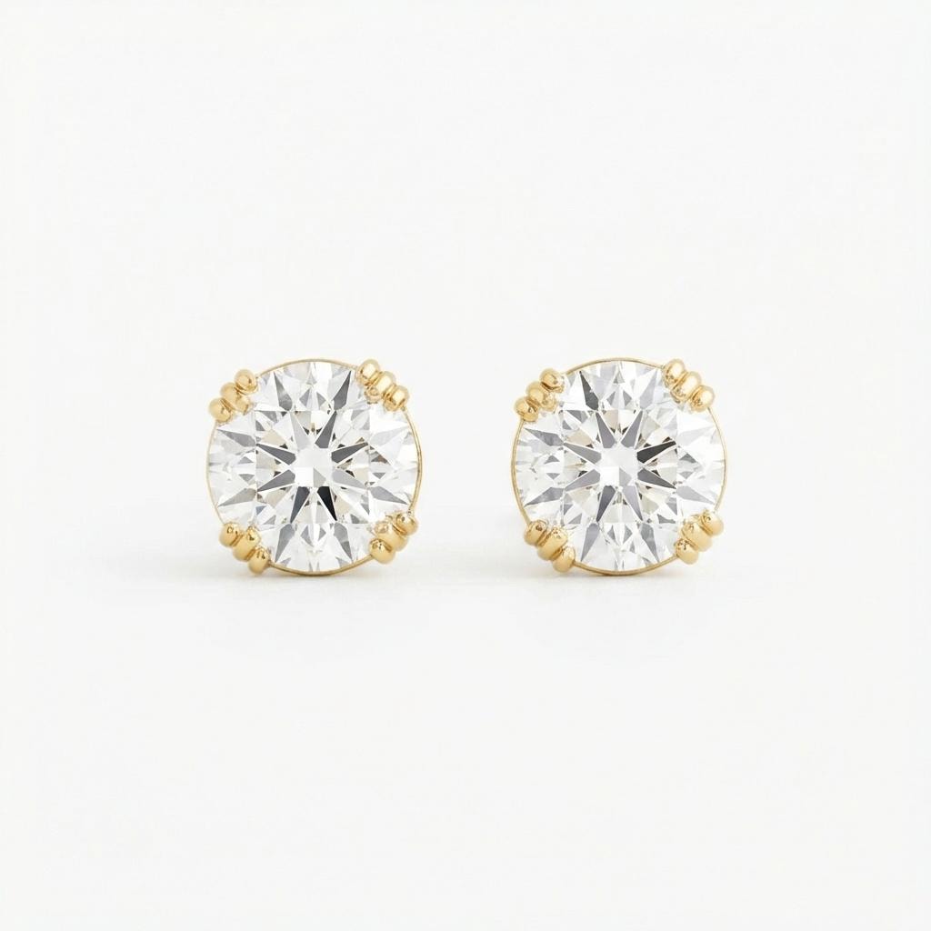 Solitaire Lab Diamond Stud Earrings, 14K Yellow Gold Threaded Studs, Minimalist Handmade Earrings image #2