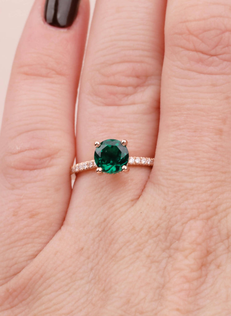 Green Emerald Ring, 14K Rose Gold, Round Diamond Hidden Halo, Handmade Rings For Women