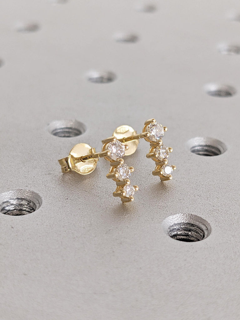 18k Solid Gold Stud Earrings, Prong Setting Three Stone Diamond Earrings for Women, Dainty Everyday Jewelry, Push Back Bridal Earrings image #9