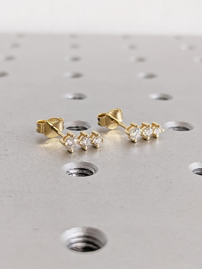 18k Solid Gold Stud Earrings, Prong Setting Three Stone Diamond Earrings for Women, Dainty Everyday Jewelry, Push Back Bridal Earrings image #4