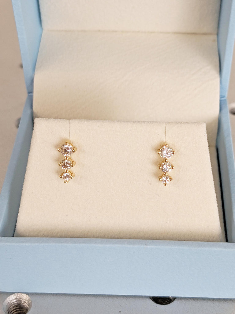 18k Solid Gold Stud Earrings, Prong Setting Three Stone Diamond Earrings for Women, Dainty Everyday Jewelry, Push Back Bridal Earrings image #5