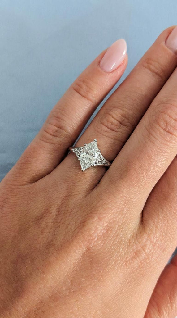 Silver Heirloom Lab Diamond Engagement Ring, Marquise Cut Victorian Filigree Band, Antique Proposal Ring, Women's Wedding Anniversary Ring image #6