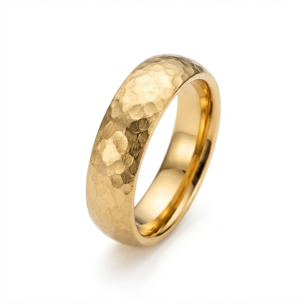 Domed 14k Yellow Gold Tungsten Ring Hammered Mens Wedding Band Ring, 5 mm, Yellow gold tungsten band Comfort Fit Hammered Matte