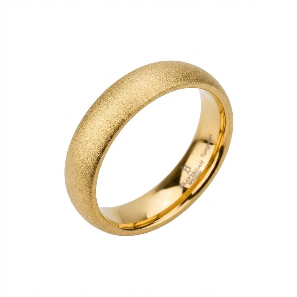 Domed 14k Yellow Gold Tungsten Ring Mens Sandblasted Matte Wedding Band Ring, 5 mm, Yellow gold tungsten band Comfort Fit image #1