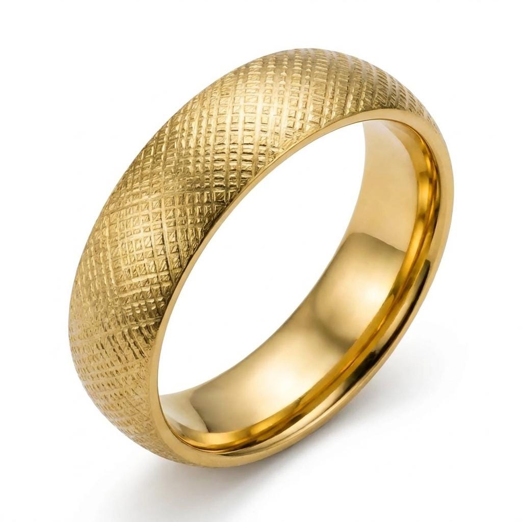 Domed 14k Yellow Gold Tungsten Ring Mens Florentine Matte Wedding Band Ring, 5 mm, Yellow gold tungsten band Comfort Fit