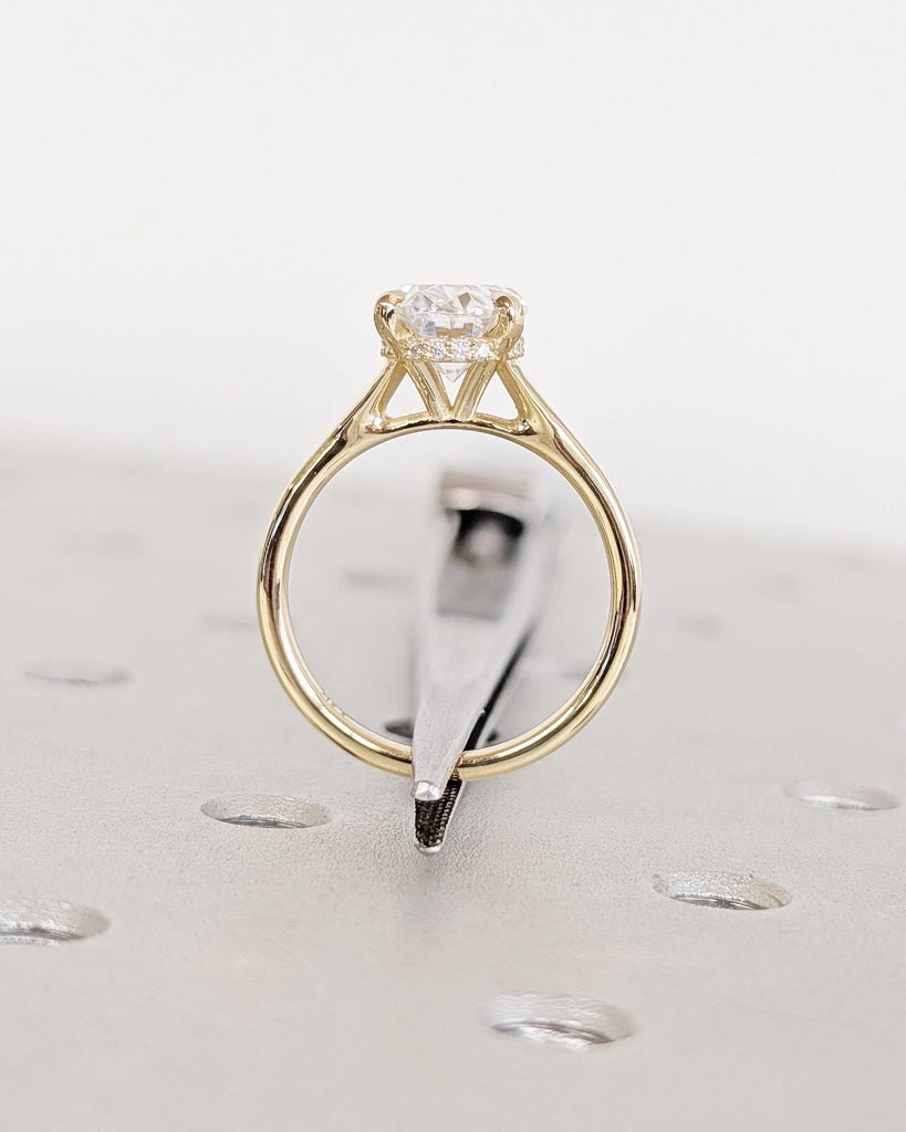 Hidden halo engagement ring: Oval moissanite solitaire, 0.5 to 4 carat, 14k Solid gold, Cathedral setting, Tapered shank, Claw-prongs