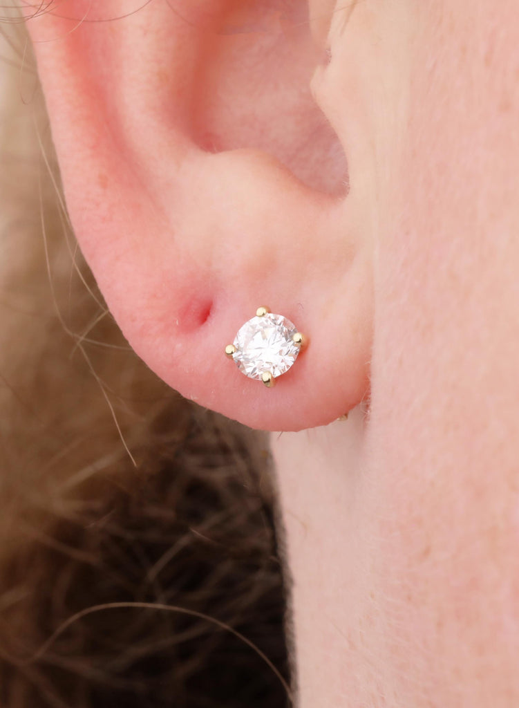 14K Solid Yellow Gold Round Moissanite Stud Earrings, Classic 4 Prong Minimalist Solitaire