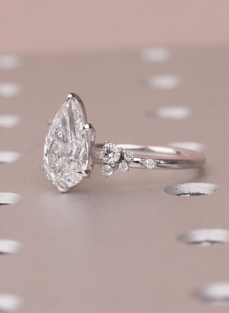 Pear Cut Moissanite Engagement Ring 14K Solid White Gold Diamond Snowdrift Diamond Cluster Ring Three Stone Bridal Alternative Wedding Ring image #4