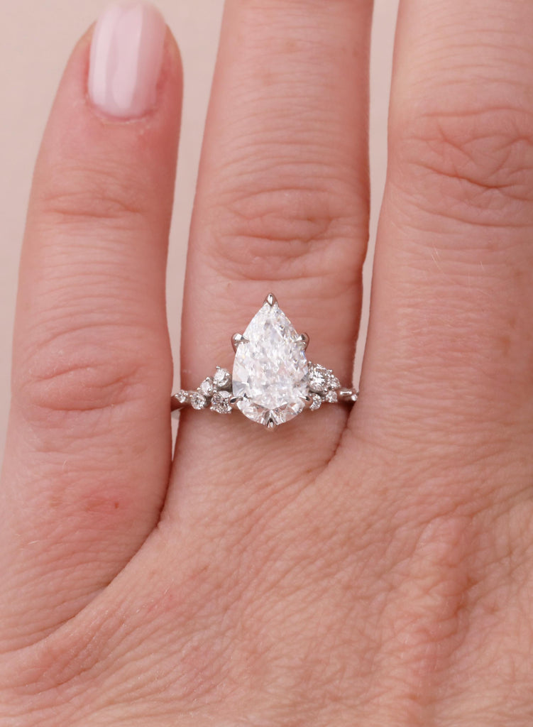 Pear Cut Moissanite Engagement Ring 14K Solid White Gold Diamond Snowdrift Diamond Cluster Ring Three Stone Bridal Alternative Wedding Ring image #2