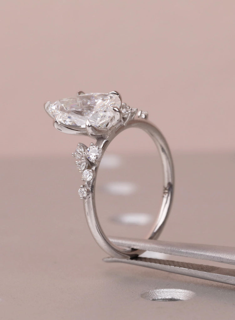 Pear Cut Moissanite Engagement Ring 14K Solid White Gold Diamond Snowdrift Diamond Cluster Ring Three Stone Bridal Alternative Wedding Ring image #9