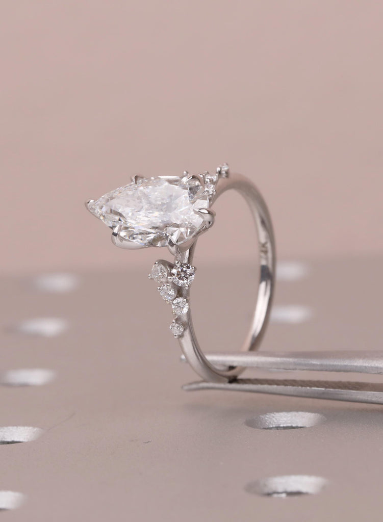 Pear Cut Moissanite Engagement Ring 14K Solid White Gold Diamond Snowdrift Diamond Cluster Ring Three Stone Bridal Alternative Wedding Ring image #13