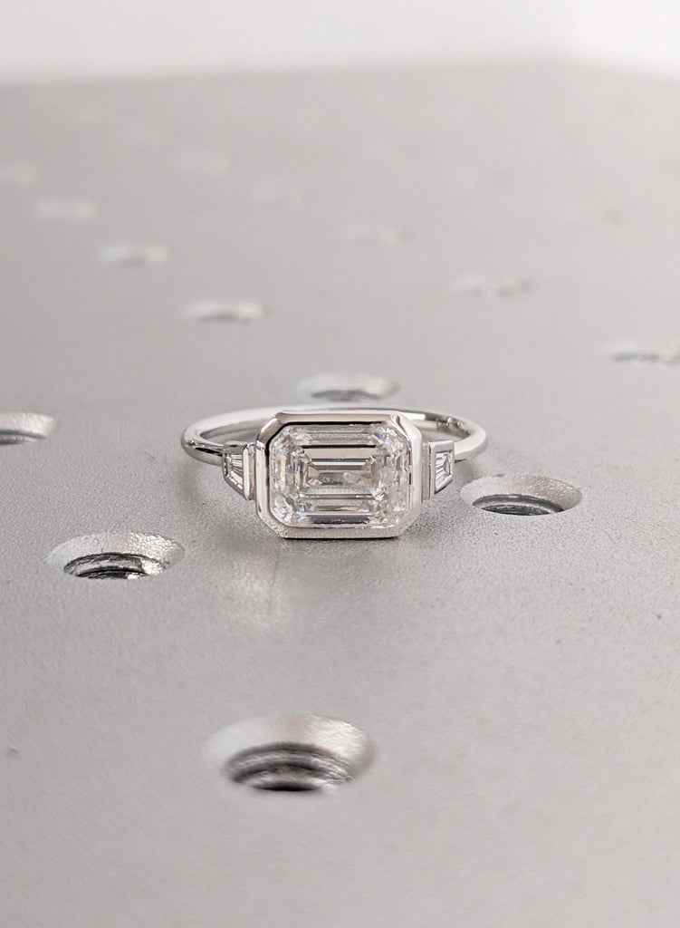 Emerald Cut VVS Moissanite, 14K Solid Gold Engagement Ring, Bezel Set Tapered Baguette Diamond, Three Stone Ring, Vintage Jewelry For Woman